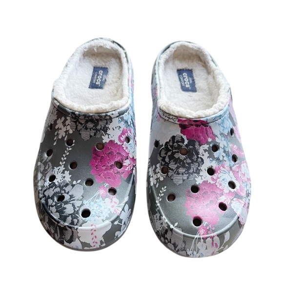 CROCS Gray and Pink Floral Lined Clogs - Picture 1 of 6